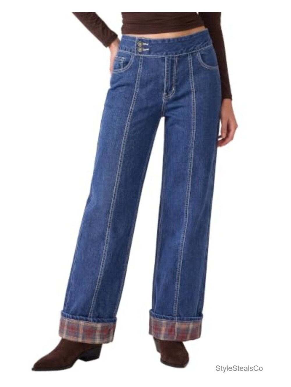 Wide Leg High Rise Jeans Plaid Cuffed Hem Stretch Denim Pants